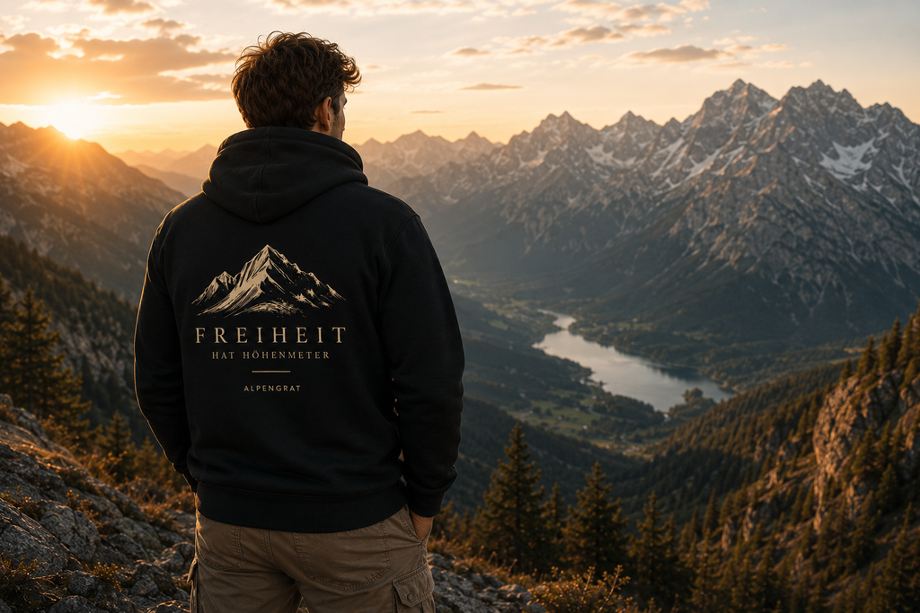 Bio Hoodie „Freiheit hat Höhenmeter“ – Backprint für Bergliebhaber