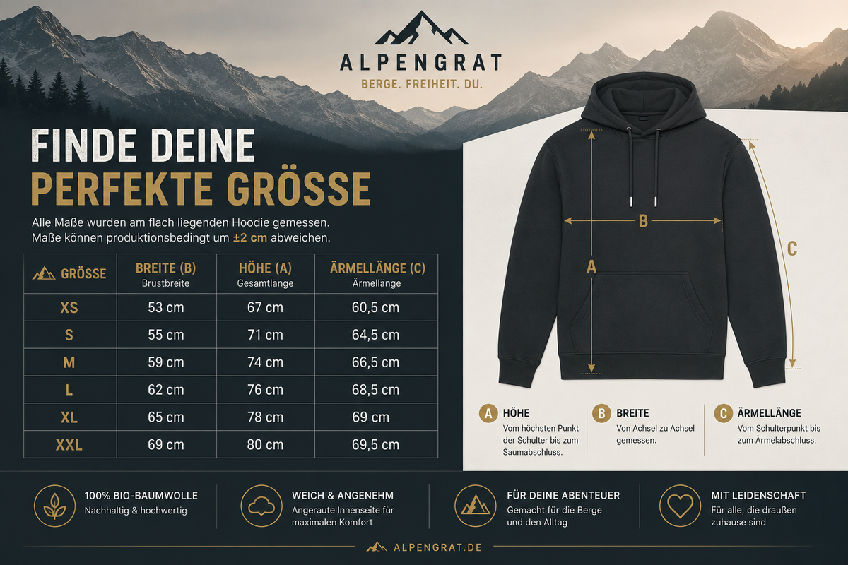 Größentabelle für Freiheit hat Höhenmeter - Organic Hoodie